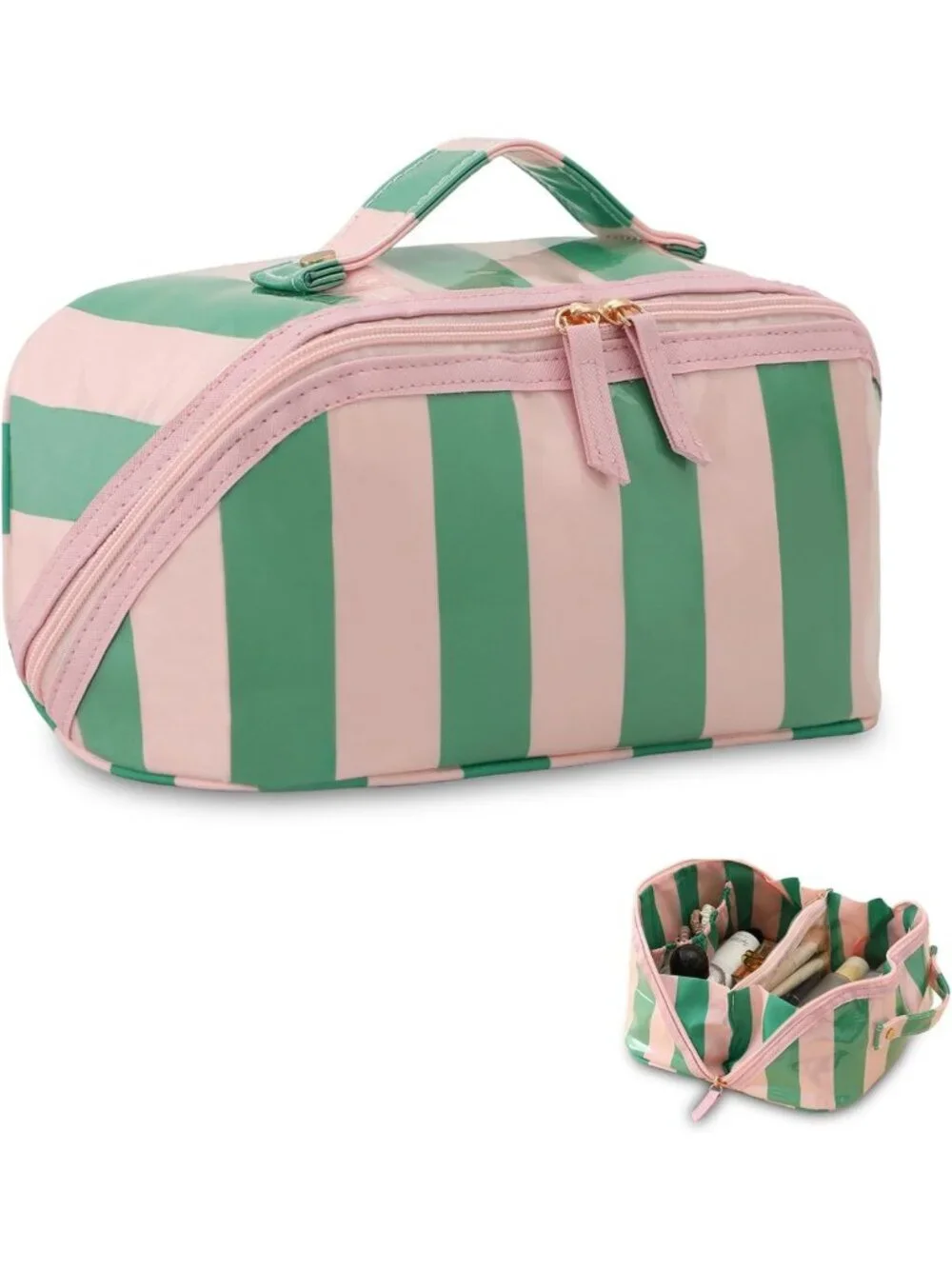 Travel Makeup Bag - Pink & Green Striped, Waterproof, Portable Organizer for